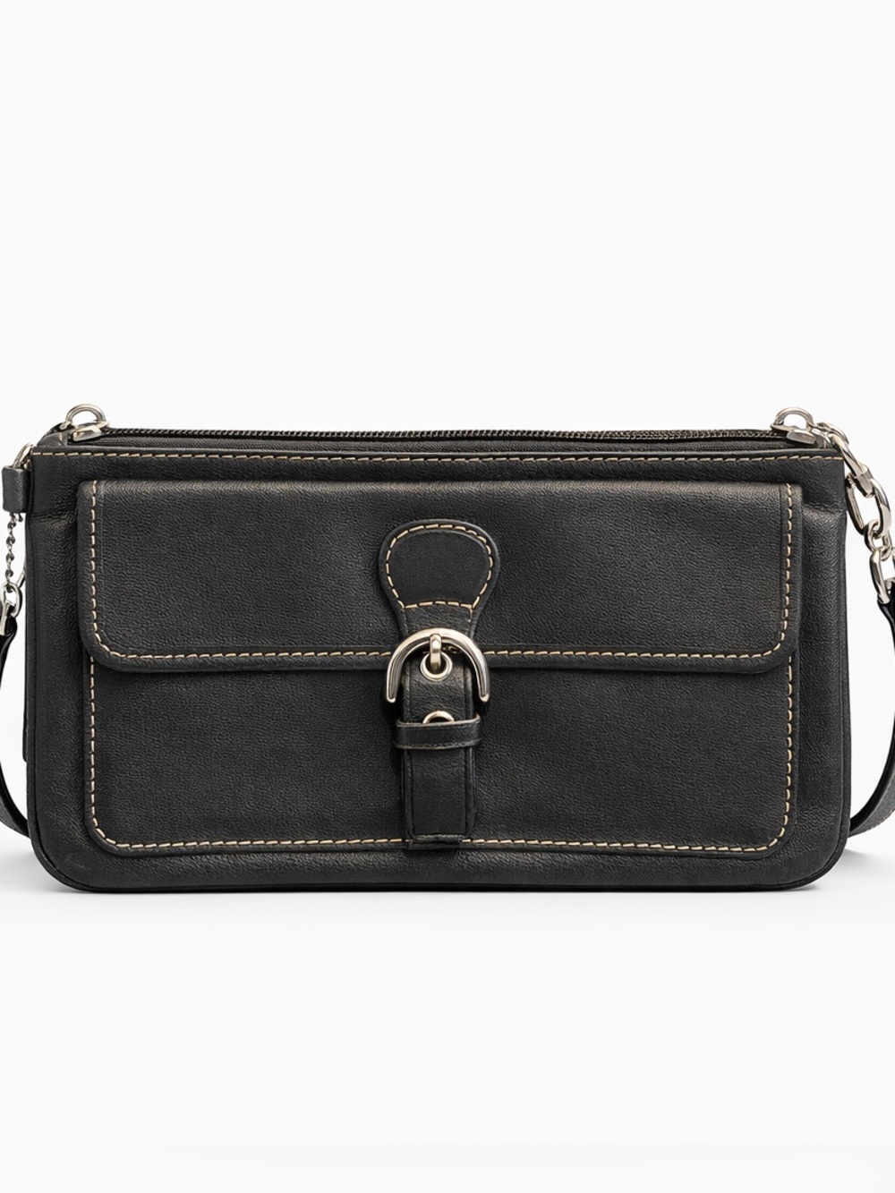 Coach Black Leather Wristlet Clutch with White Stitching